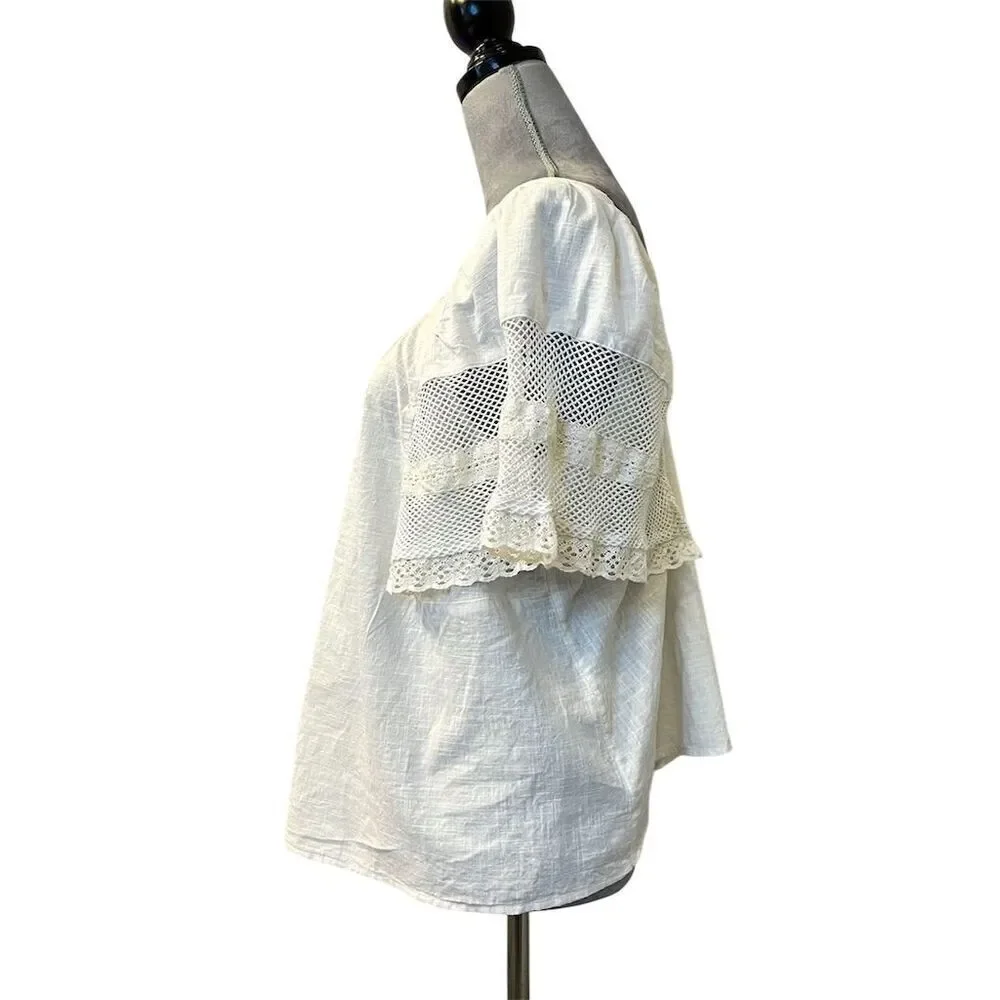 Old Navy Ivory Lace Flutter Sleeve Blouse L Casual Top Spring Summer - Picture 6 of 8